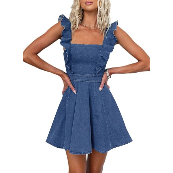 andmary ♥︎ Demi layered minidress Women's Summer Tie Shoulder Sleeveless Denim Mini Dress Ruffle A